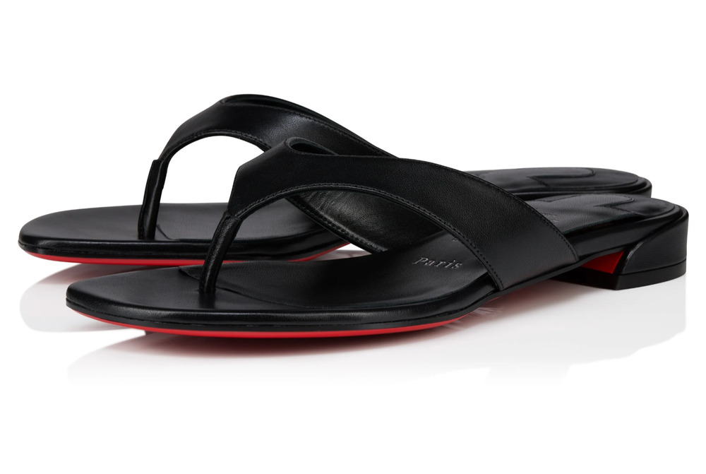 Christian Louboutin Sweet Janetonga Flat Black Leather Thong Flip Flop Sandal 37